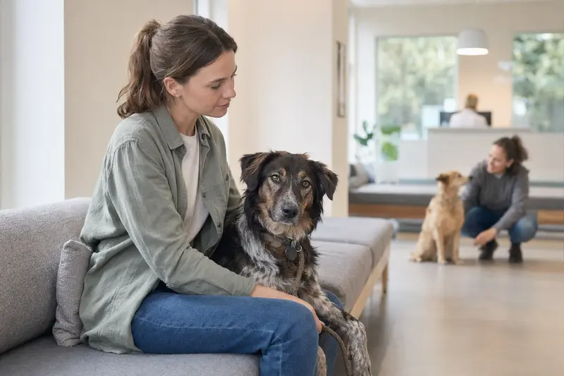 Ein Jämtländer Hund sitzt ruhig neben seinem Besitzer im hellen Wartezimmer einer Tierarztpraxis.